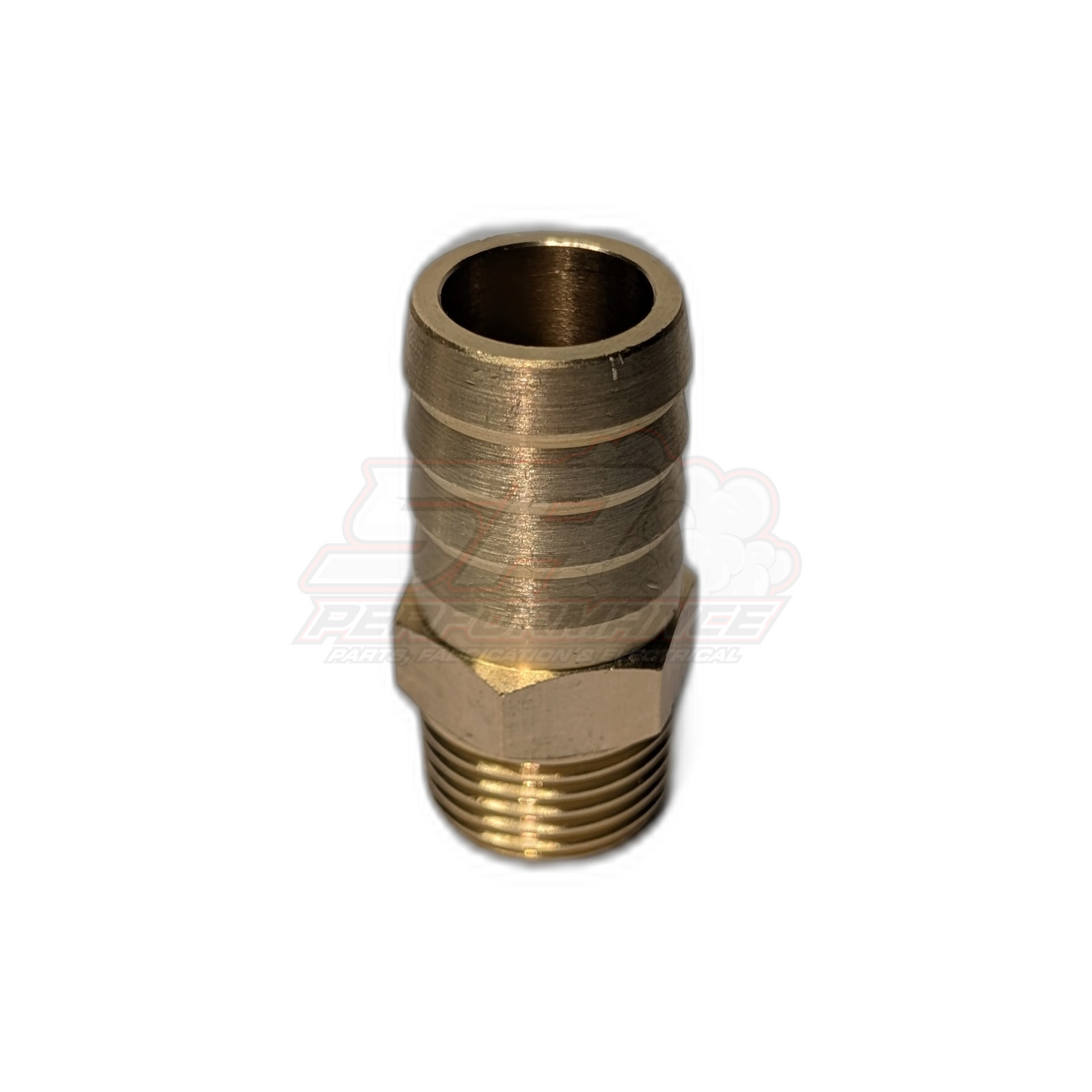 Angled view of brass 1/2" male NPT to 19mm 3/4" barb fitting showing ribbed hose barb and hex nut body with threaded end