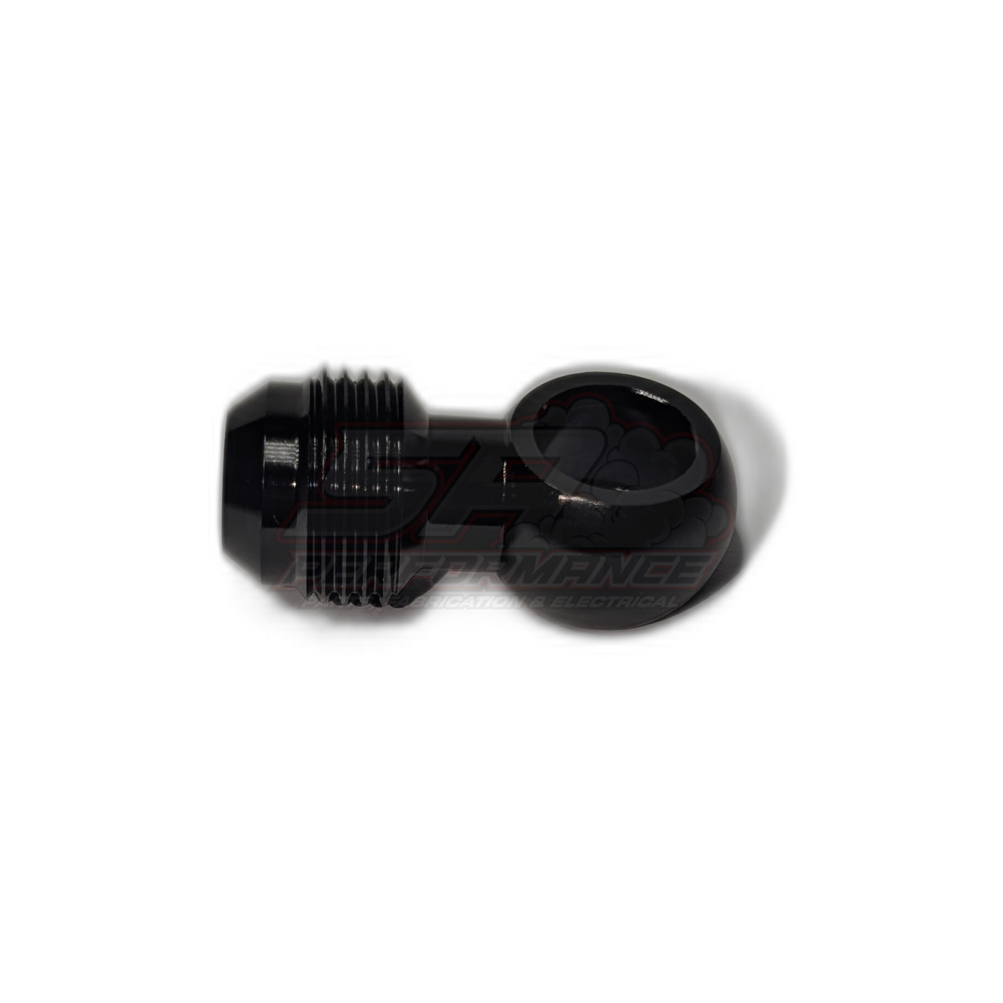 Black anodised 12mm banjo fitting with 8AN male flare adapter viewed from side showing threaded banjo section and flared AN-8 end