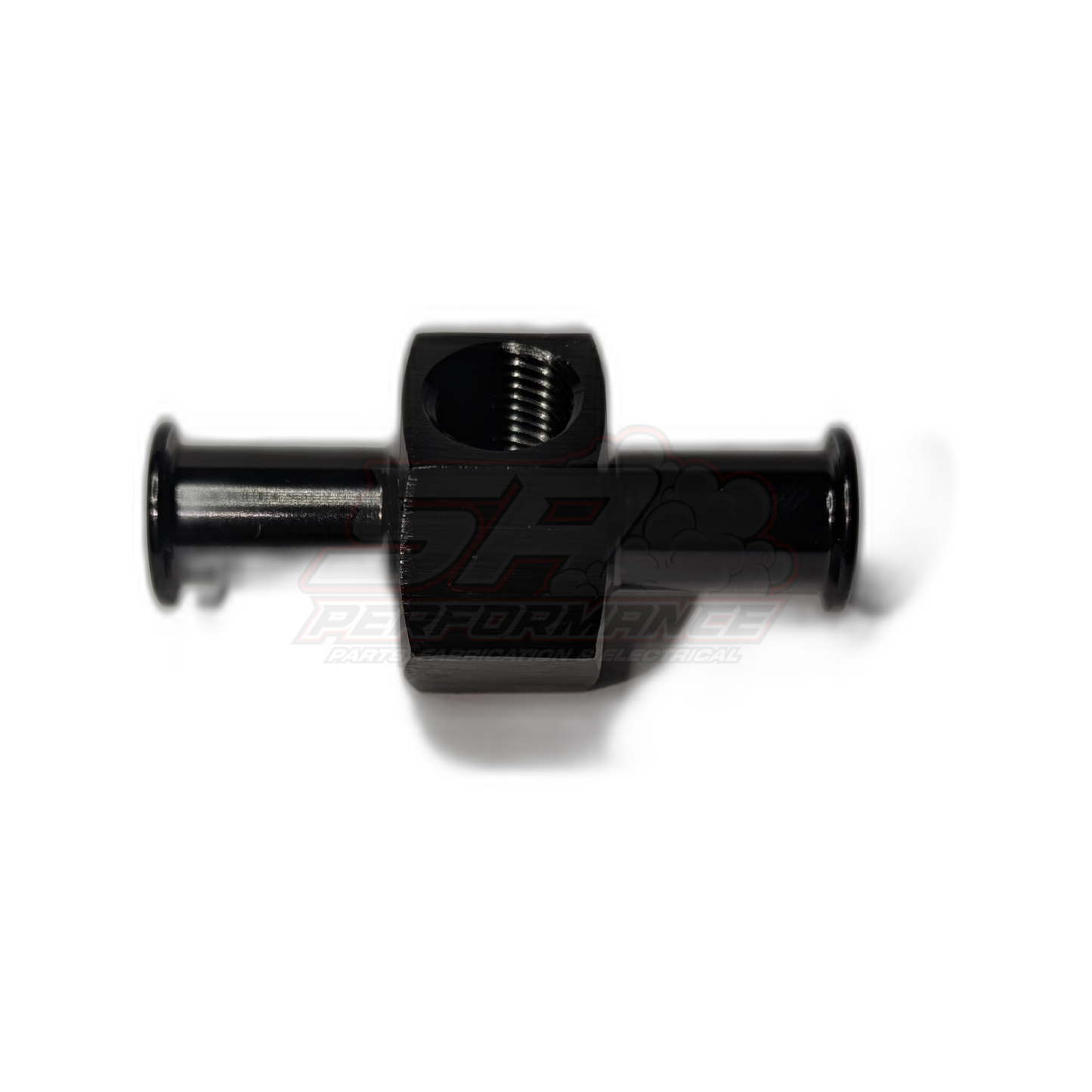 Black anodised aluminium tee adapter with 3/8 inch barbs on each end and 1/8 NPT threaded sensor port on top, front view