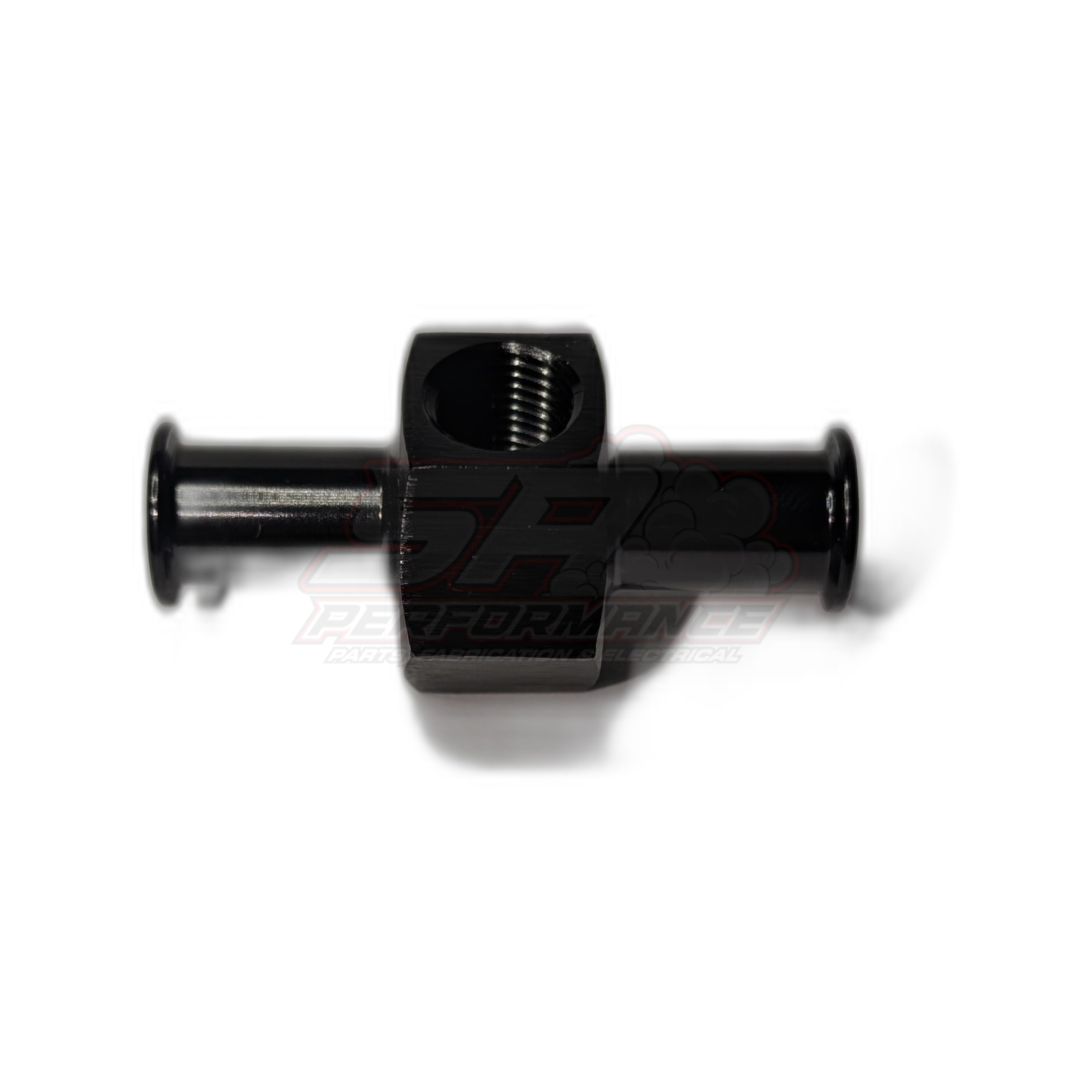 Black anodised aluminium tee adapter with 3/8 inch barbs on each end and 1/8 NPT threaded sensor port on top, front view