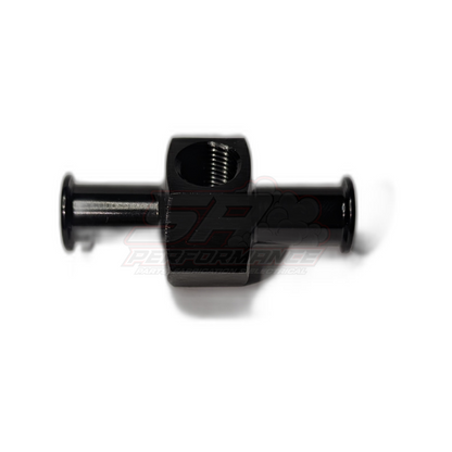 Black anodised aluminium tee adapter with 3/8 inch barbs on each end and 1/8 NPT threaded sensor port on top, front view