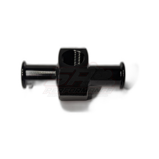 Black anodised aluminium tee adapter with 3/8 inch barbs on each end and 1/8 NPT threaded sensor port on top, front view