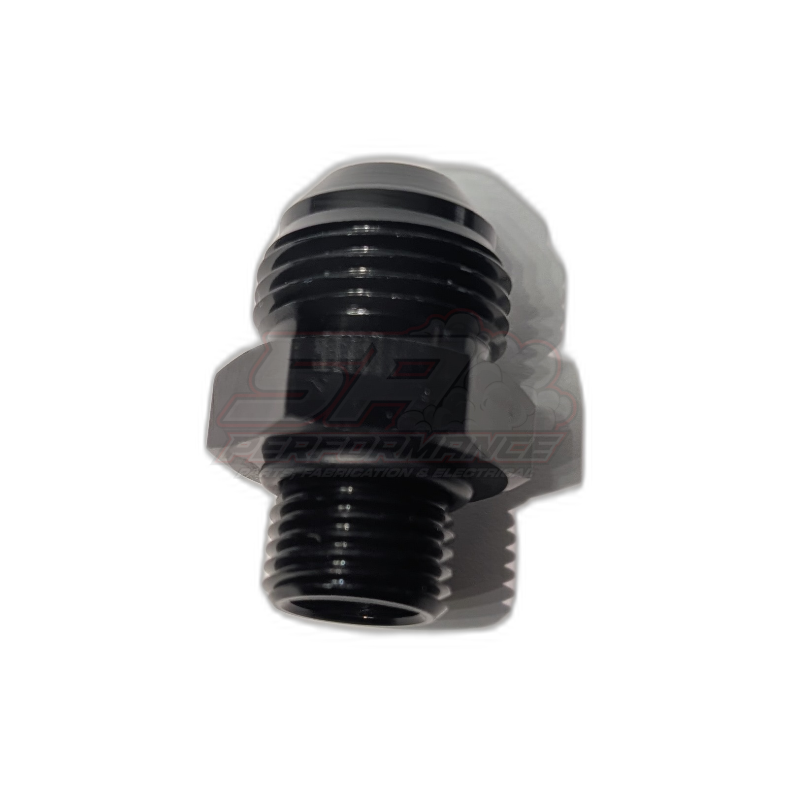 Black anodised aluminium M18 x 1.5 metric male to AN10 male flare adapter shown at angle displaying both threaded ends