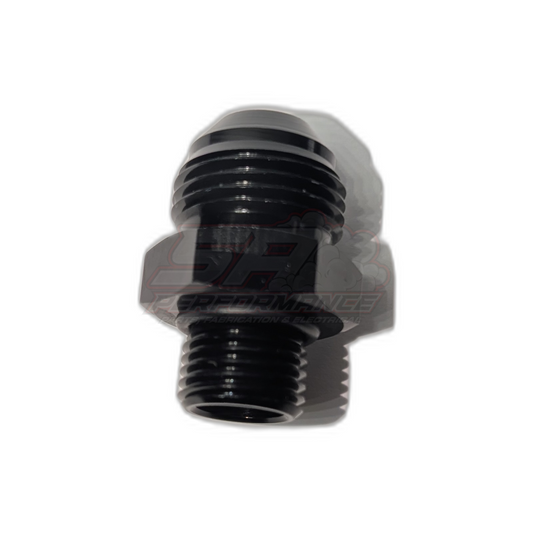 Black anodised aluminium M18 x 1.5 metric male to AN10 male flare adapter shown at angle displaying both threaded ends