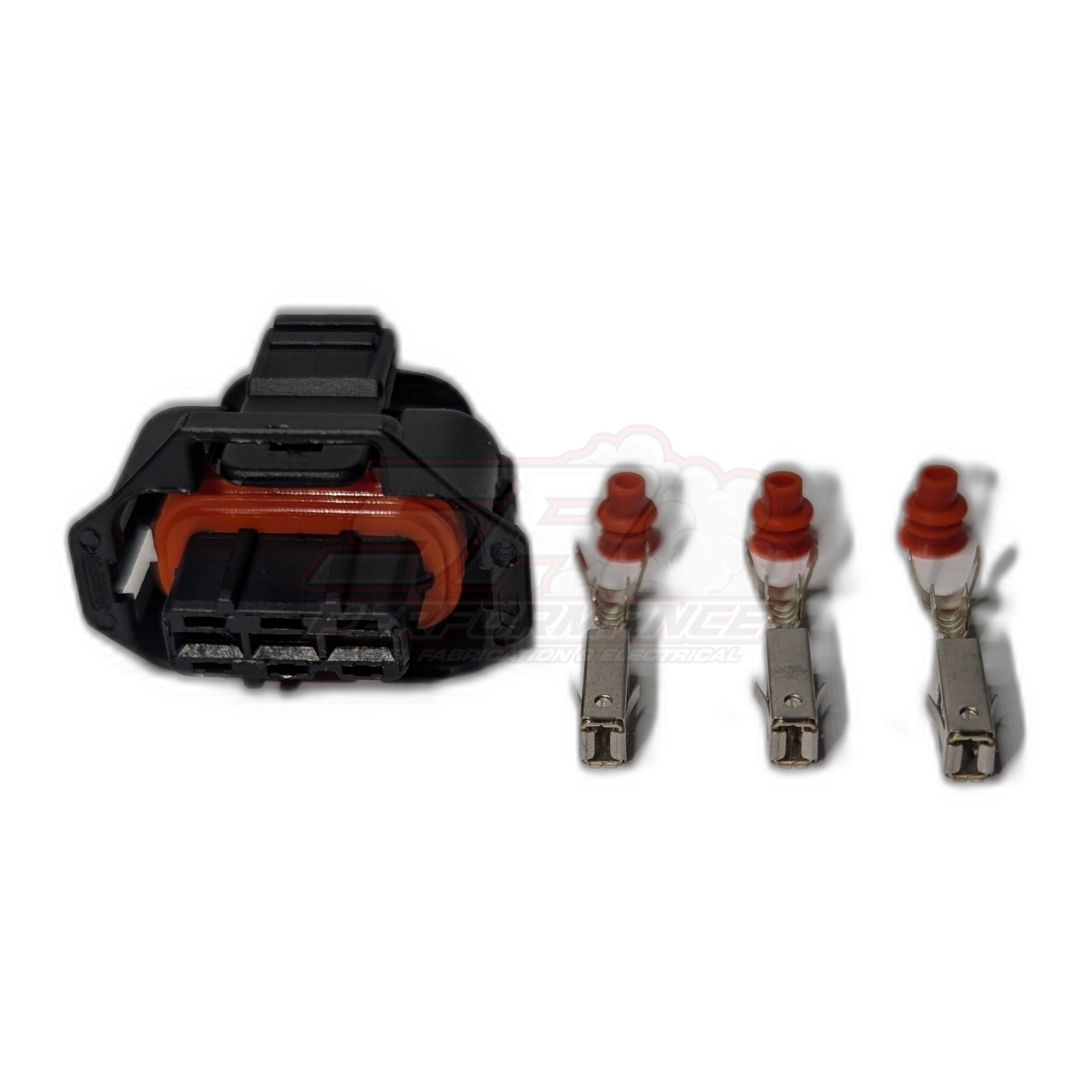 Bosch late 3-pin connector housing with orange seal and three metal terminals displayed separately on white background