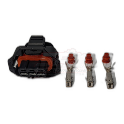 Bosch late 3-pin connector housing with orange seal and three metal terminals displayed separately on white background