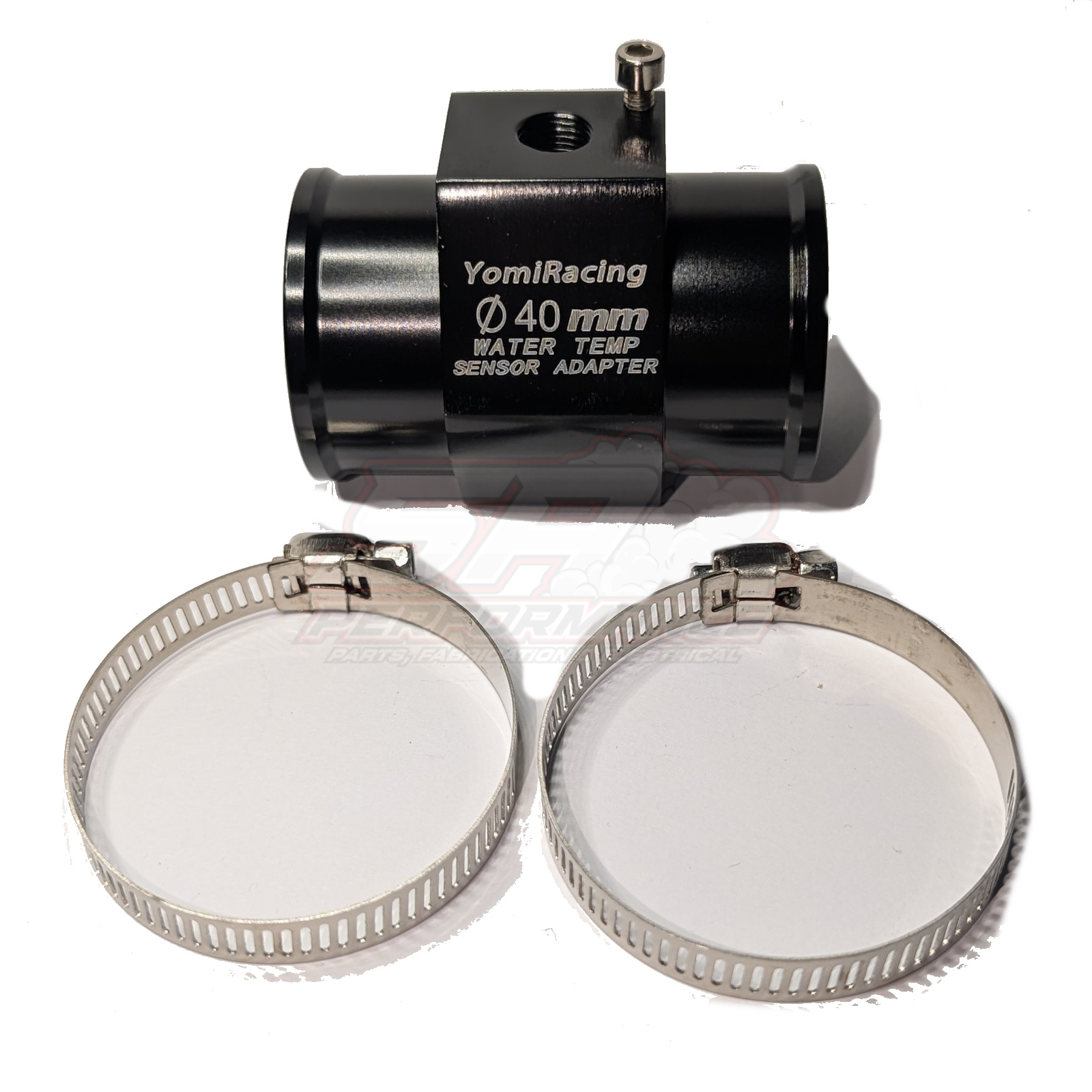 YomiRacing 40mm black anodised aluminium water temp sensor adapter with side 1/8 NPT port and two stainless steel hose clamps
