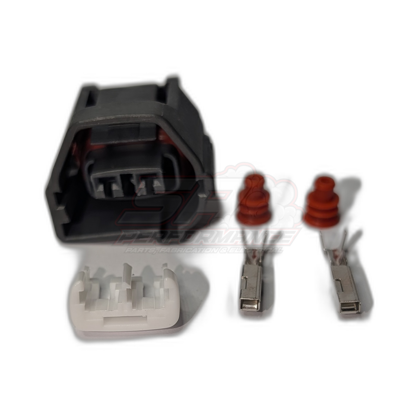 Toyota 1JZ-GTE 2JZ-GTE 2-pin cam crank sensor connector kit with black housing, grey wire seal, and two female terminals with red seals