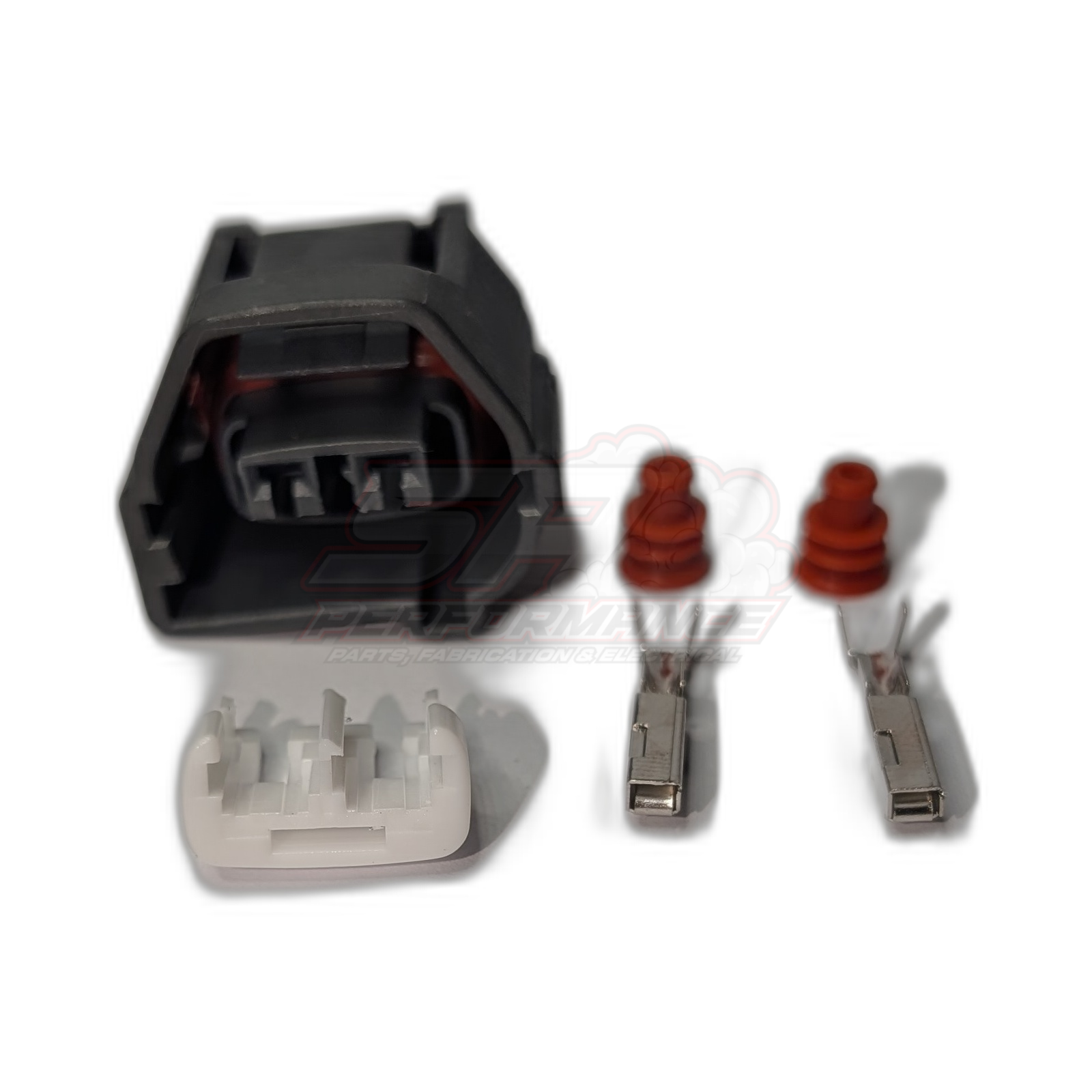 Toyota 1JZ-GTE 2JZ-GTE 2-pin cam crank sensor connector kit with black housing, grey wire seal, and two female terminals with red seals
