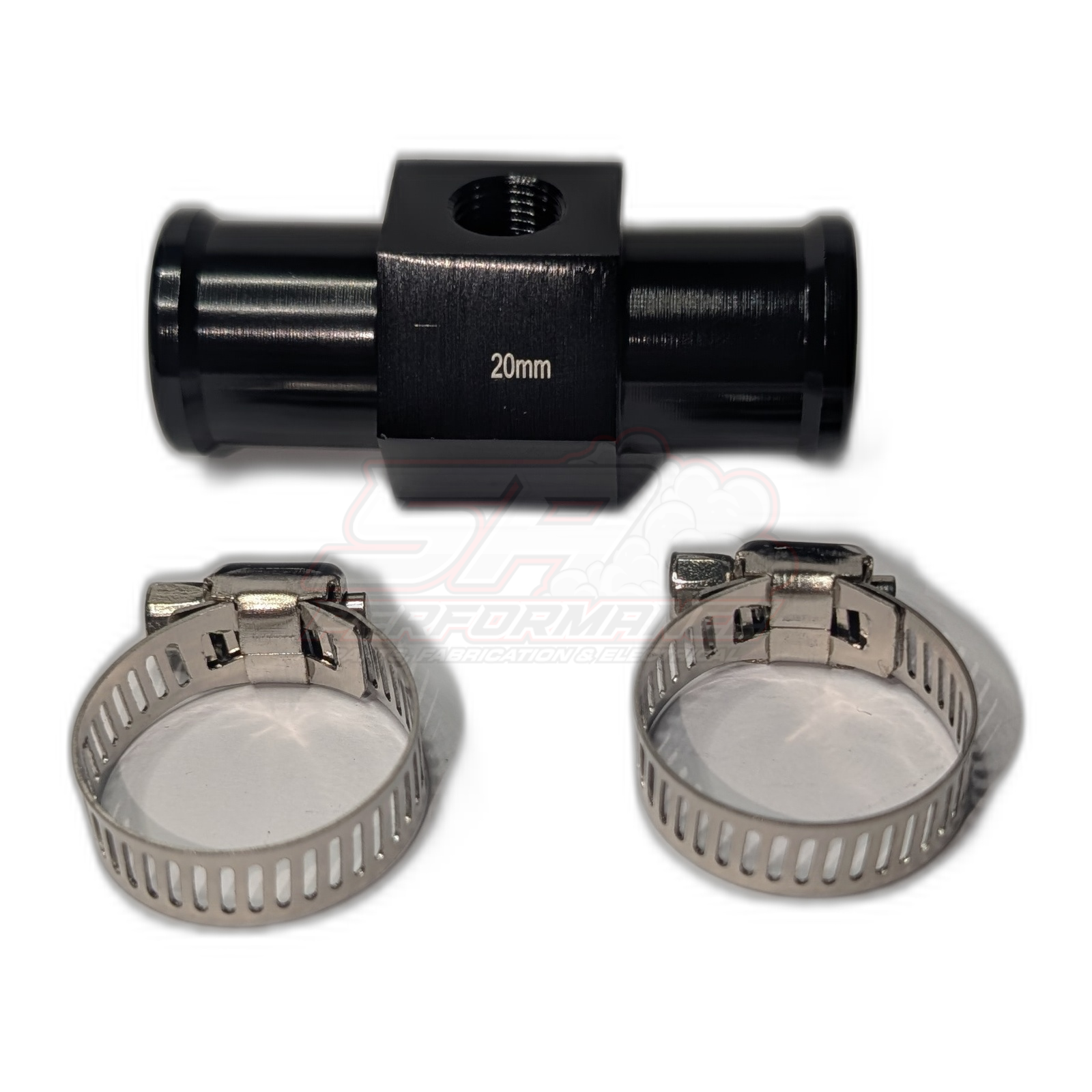 Black anodised aluminium 20mm coolant hose temperature sensor adapter with 1/8 NPT port shown with two stainless steel hose clamps