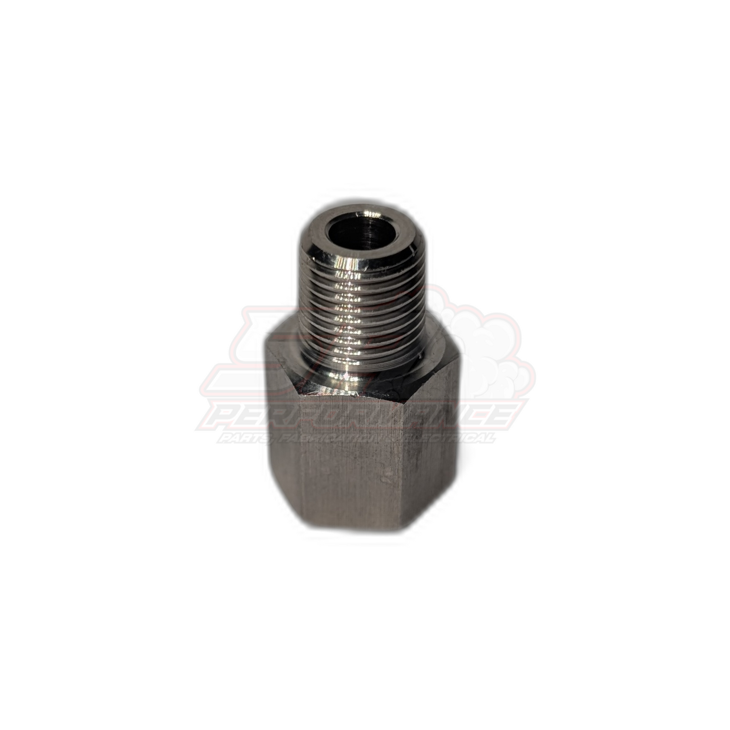 Stainless steel M10x1.0 female to 1/8 NPT male adapter fitting angled view showing hexagonal body and threaded male end for Bosch sensors