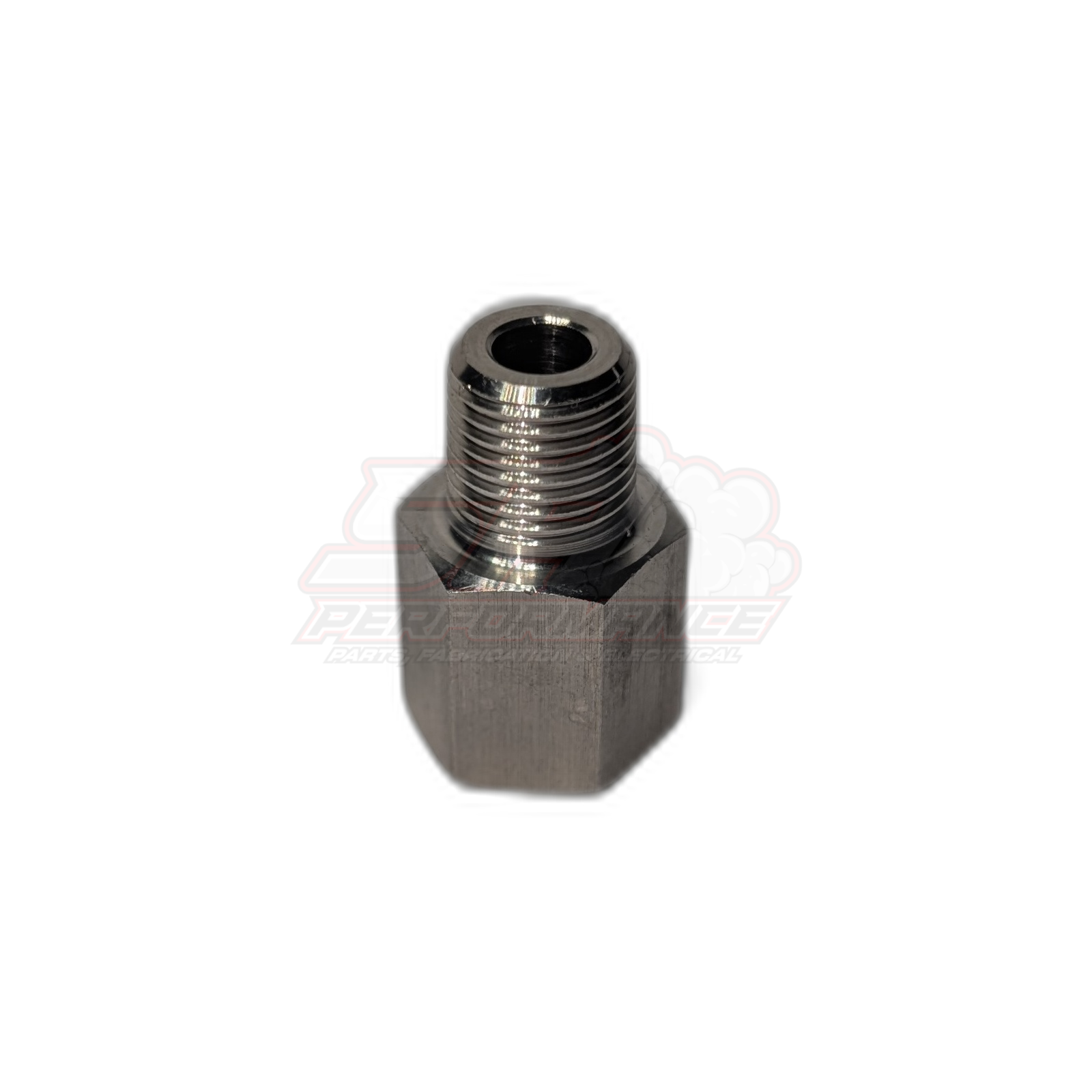 Stainless steel M10x1.0 female to 1/8 NPT male adapter fitting angled view showing hexagonal body and threaded male end for Bosch sensors