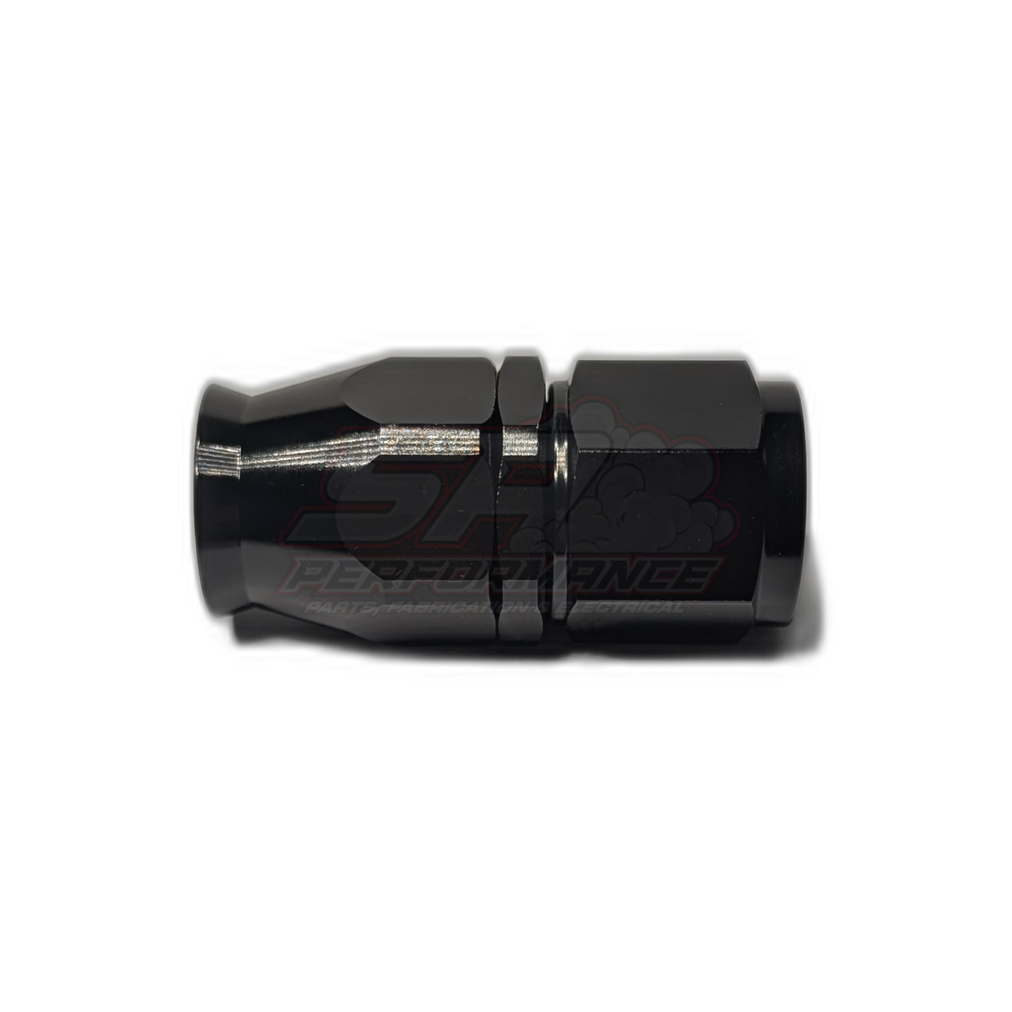 Black anodised aluminium AN8 straight PTFE hose end fitting shown in side profile with visible threaded olive insert and hexagonal centre nut