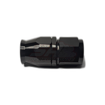 Black anodised aluminium AN8 straight PTFE hose end fitting shown in side profile with visible threaded olive insert and hexagonal centre nut