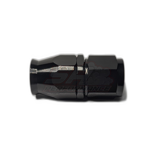 Black anodised aluminium AN8 straight PTFE hose end fitting shown in side profile with visible threaded olive insert and hexagonal centre nut