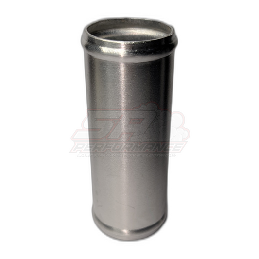 Polished aluminium 38mm straight hose joiner showing beaded ends and cylindrical body with brushed finish