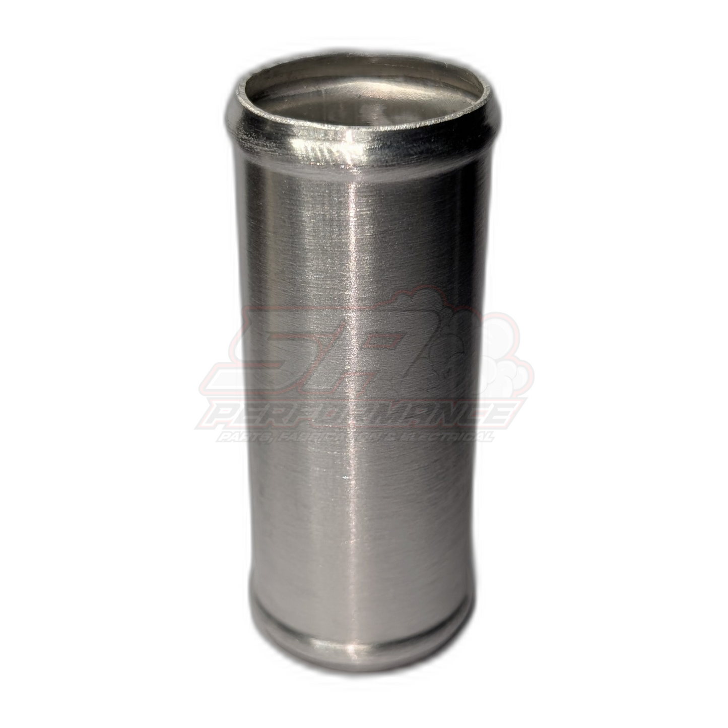 Polished aluminium 45mm straight hose joiner with beaded ends shown in upright vertical view