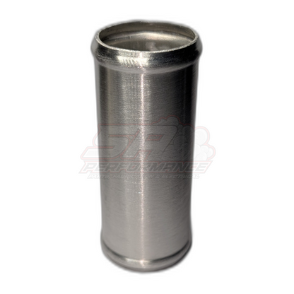 Polished aluminium 45mm straight hose joiner with beaded ends shown in upright vertical view
