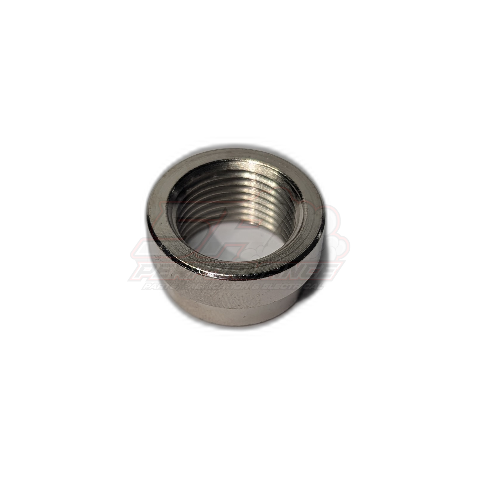 M18x1.5 stepped O2 lambda sensor bung in mild steel showing internal threads and stepped shoulder design for exhaust welding
