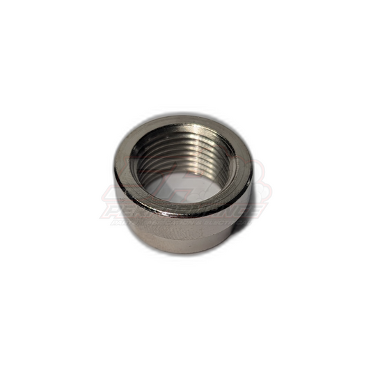 M18x1.5 stepped O2 lambda sensor bung in mild steel showing internal threads and stepped shoulder design for exhaust welding