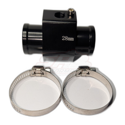 Black anodised aluminium 28mm coolant hose T-adapter with 1/8 NPT sensor port and brass fitting, shown with two stainless steel worm-drive hose clamps