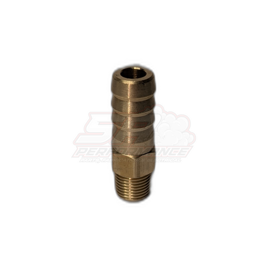Angled view of 1/8" male NPT to 9.5mm 3/8" barb brass fitting showing threaded end and barbed hose connection with hex nut body