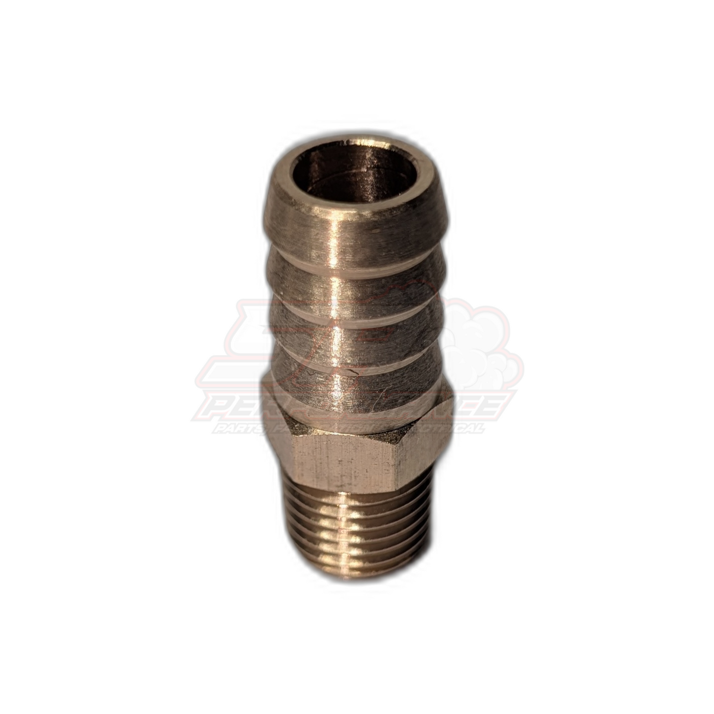 1/4 inch male NPT to 12.7mm half inch barb brass fitting showing threaded end and ribbed barb in solid brass finish