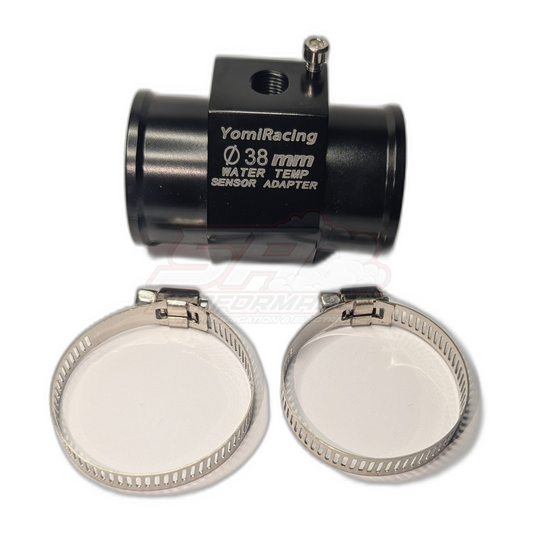 YomiRacing 38mm black anodised aluminium water temp sensor adapter with two stainless steel hose clamps, showing top-mounted 1/8 NPT sensor port