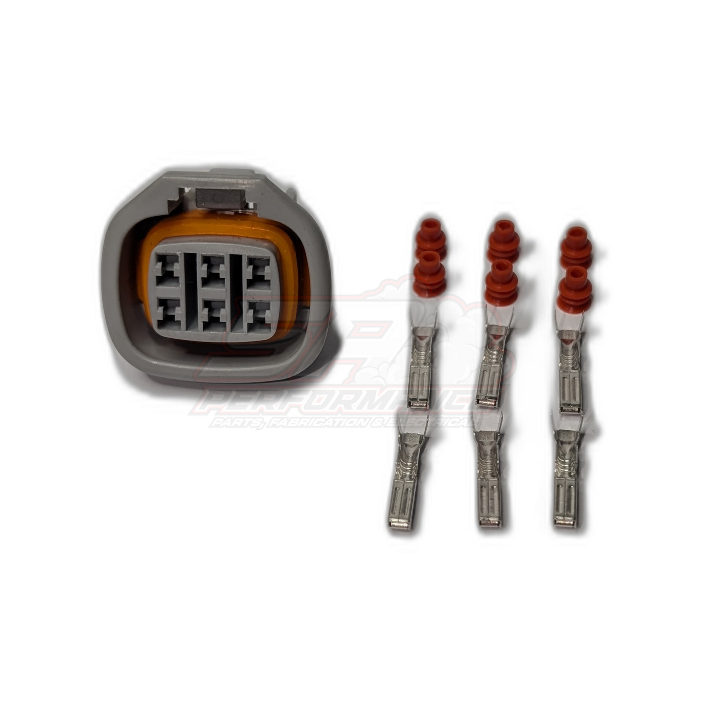 Denso 6 pin throttle pedal connector housing grey with orange seal and three silver terminals with red seals front view