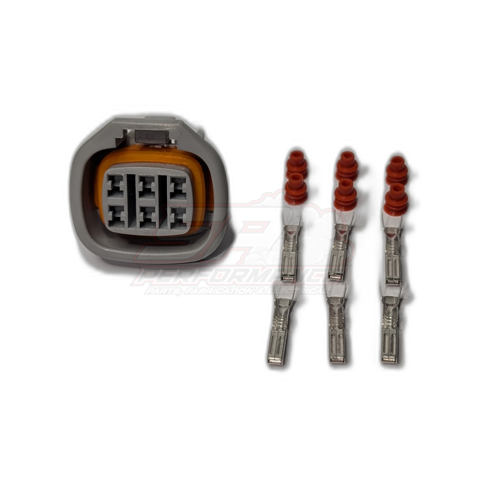 Denso 6 pin throttle pedal connector housing grey with orange seal and three silver terminals with red seals front view