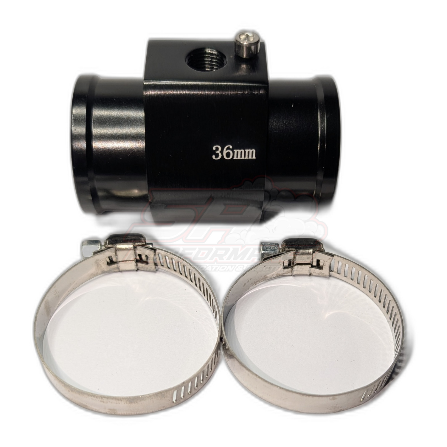 Black anodised aluminium 36mm coolant hose adapter with 1/8 NPT sensor port and mounting boss, shown with two stainless steel worm-drive hose clamps