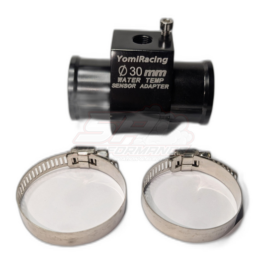 YomiRacing 30mm water temp sensor adapter in black anodised aluminium with 1/8 NPT port and two stainless hose clamps