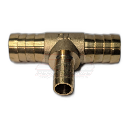Brass barbed tee piece 3/4" x 3/4" x 1/2" front view showing horizontal run ports and perpendicular branch with ribbed barbs