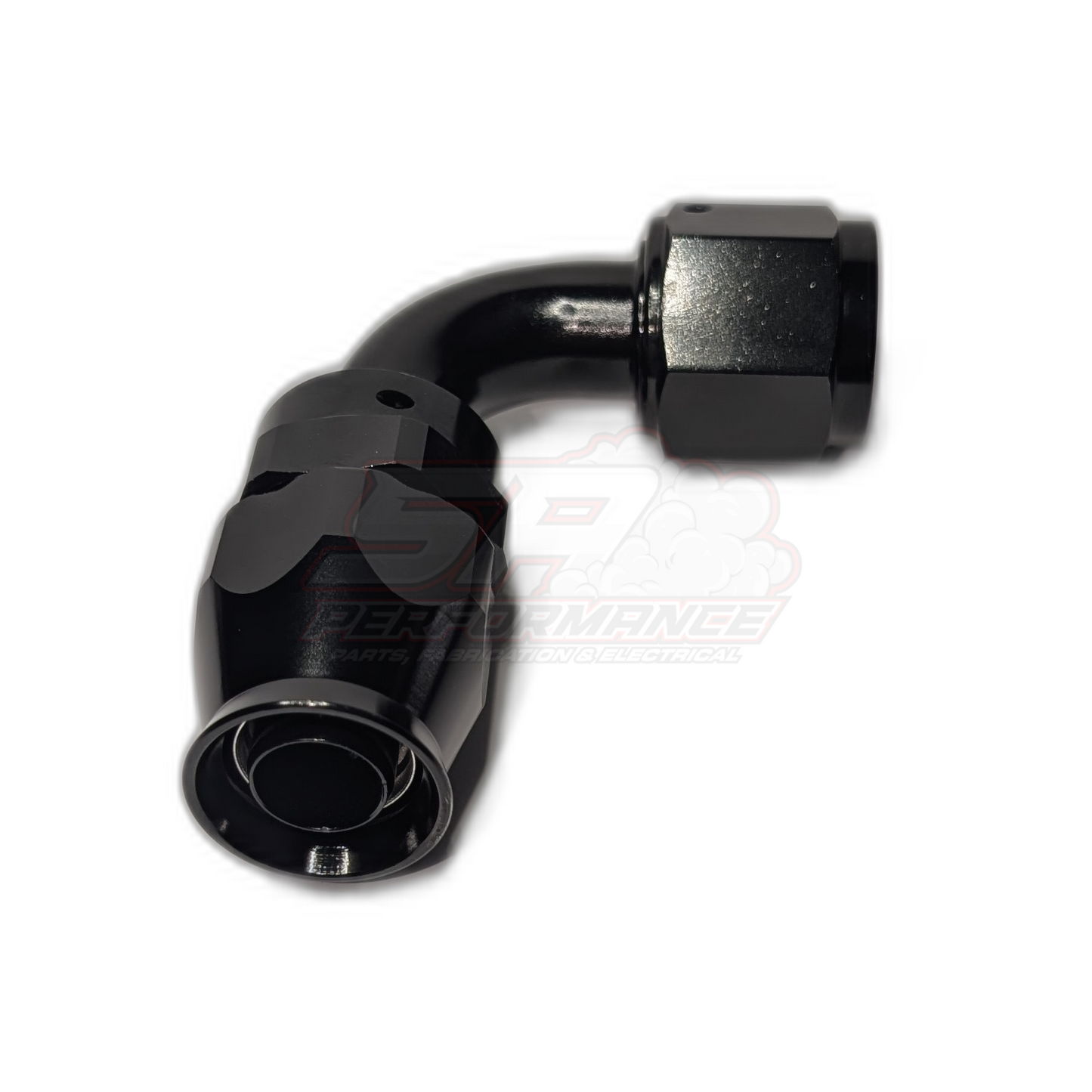 Black anodised aluminium AN10 90 degree PTFE hose end fitting shown from side angle revealing curved elbow and hex nut