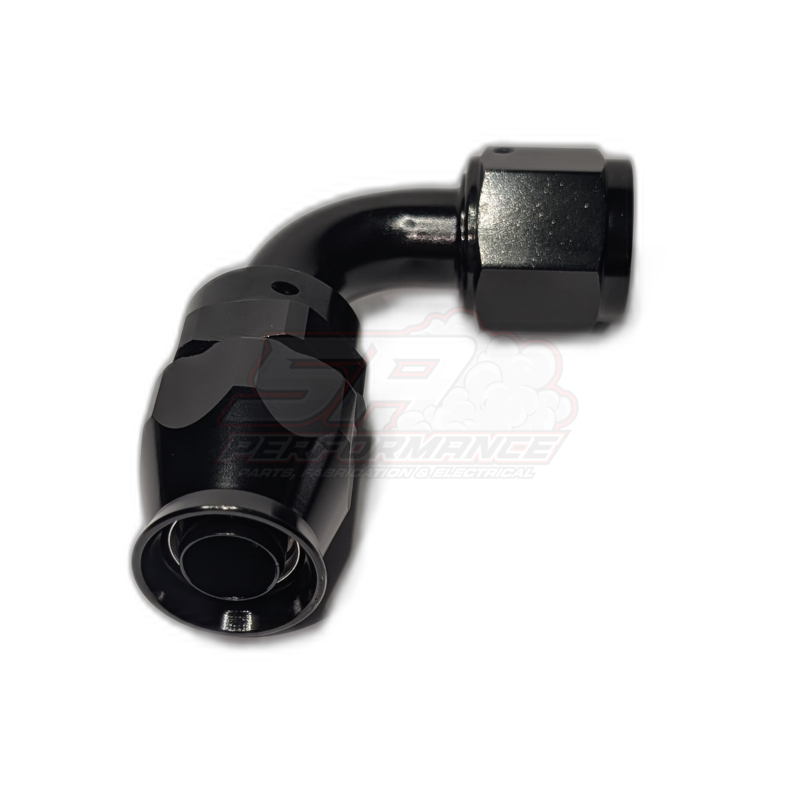 Black anodised aluminium AN10 90 degree PTFE hose end fitting shown from side angle revealing curved elbow and hex nut