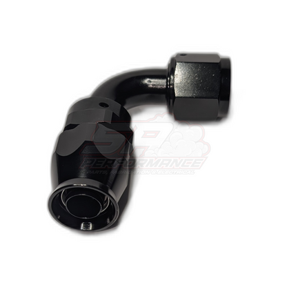 Black anodised aluminium AN10 90 degree PTFE hose end fitting shown from side angle revealing curved elbow and hex nut