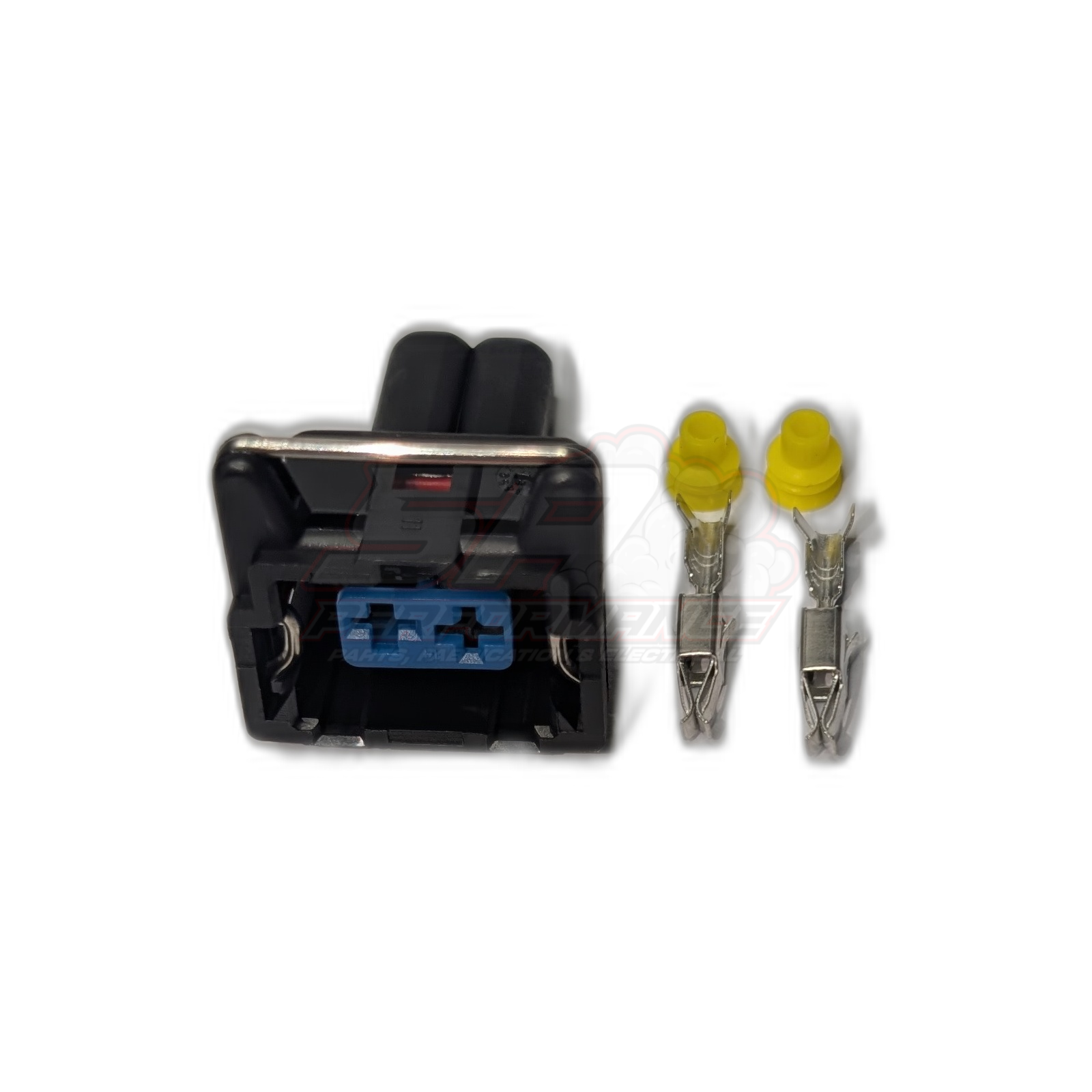 Bosch 2-pin solid connector housing in black with blue insert and two metal terminals with yellow seals