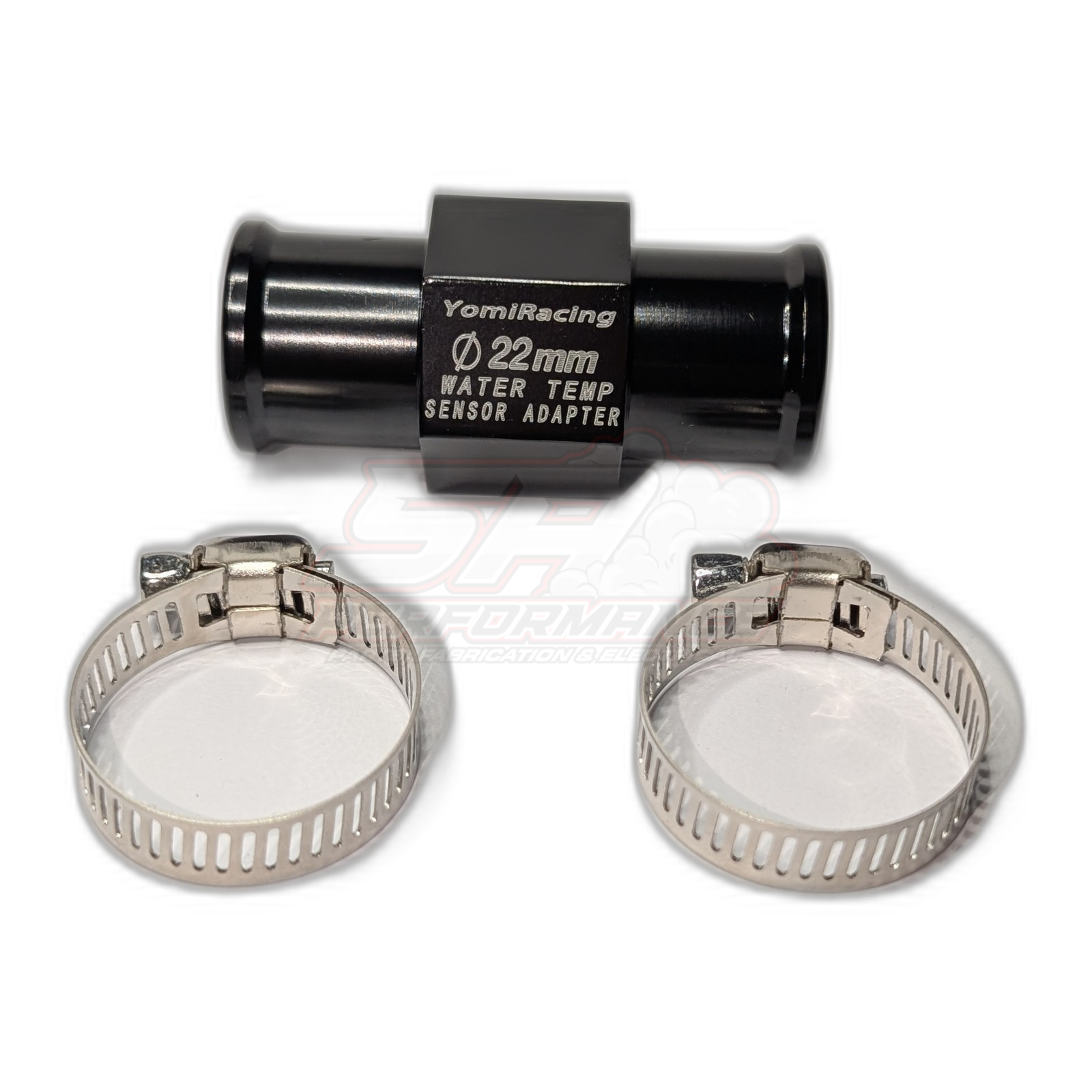 YomiRacing 22mm black anodised aluminium water temp sensor adapter with two stainless steel hose clamps on white background