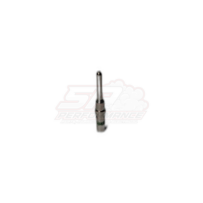 Deutsch DT male pin terminal with solid green band for 1.0-2.0mm² wire, side view showing crimp barrel and contact pin