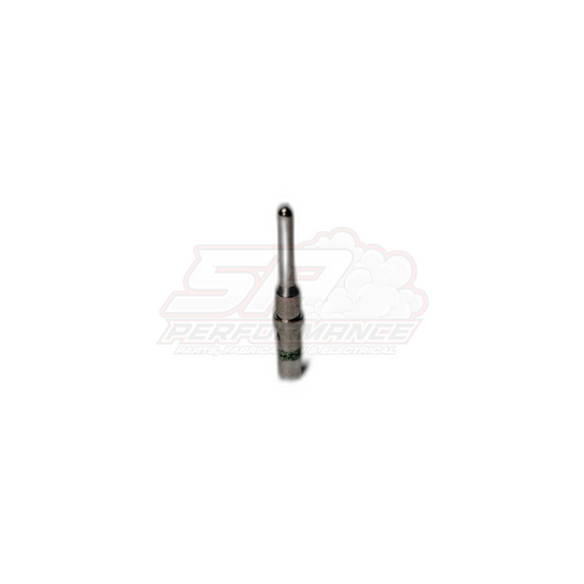 Deutsch DT male pin terminal with solid green band for 1.0-2.0mm² wire, side view showing crimp barrel and contact pin