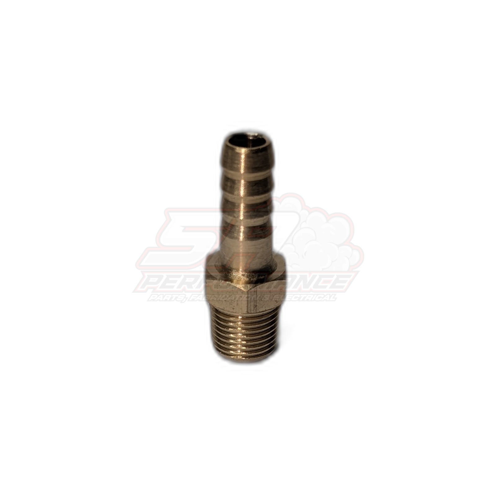 Brass 1/8 inch male NPT to 6mm barb fitting showing threaded end and multi-ribbed barb connection