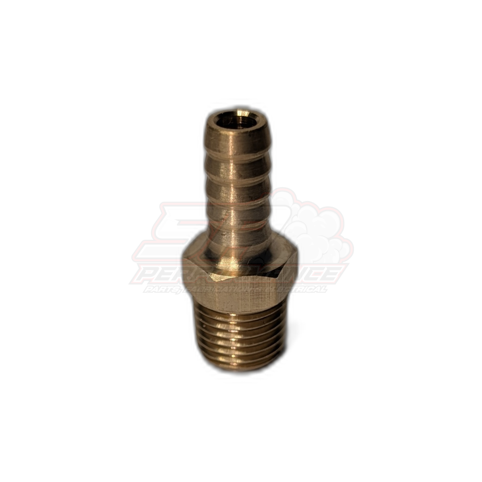 Brass 1/4 inch male NPT to 8mm 5/16 inch barb fitting angled view showing threaded base and ribbed hose barb
