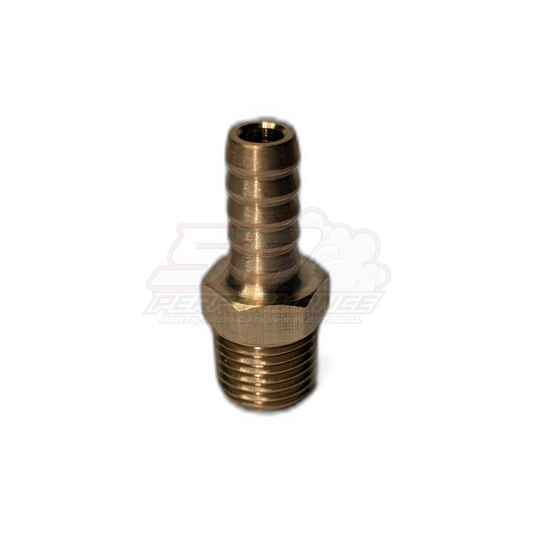 Brass 1/4 inch male NPT to 8mm 5/16 inch barb fitting angled view showing threaded base and ribbed hose barb
