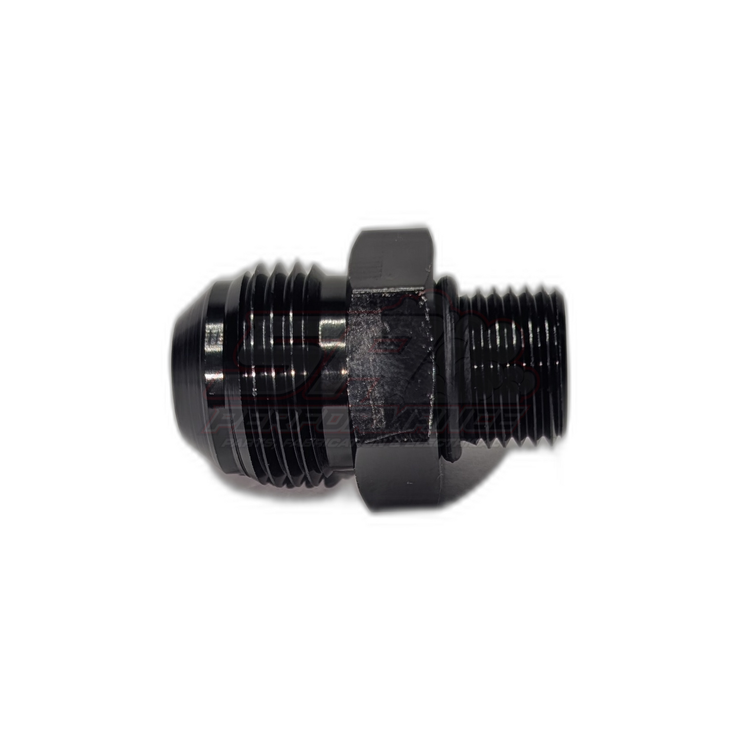 Black anodised aluminium M16 x 1.5 metric male to AN10 male flare adapter shown in side profile with visible hex nut body and dual threaded ends