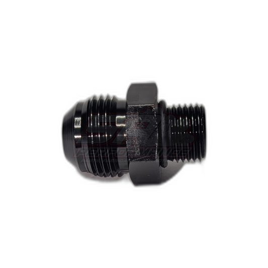 Black anodised aluminium M16 x 1.5 metric male to AN10 male flare adapter shown in side profile with visible hex nut body and dual threaded ends