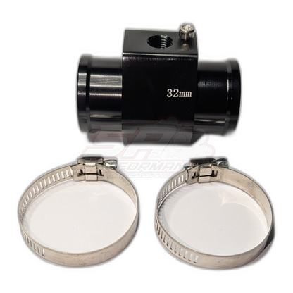 Black anodised aluminium 32mm hose adapter with 1/8 NPT sensor port and bleeder screw, shown with two stainless steel worm gear hose clamps