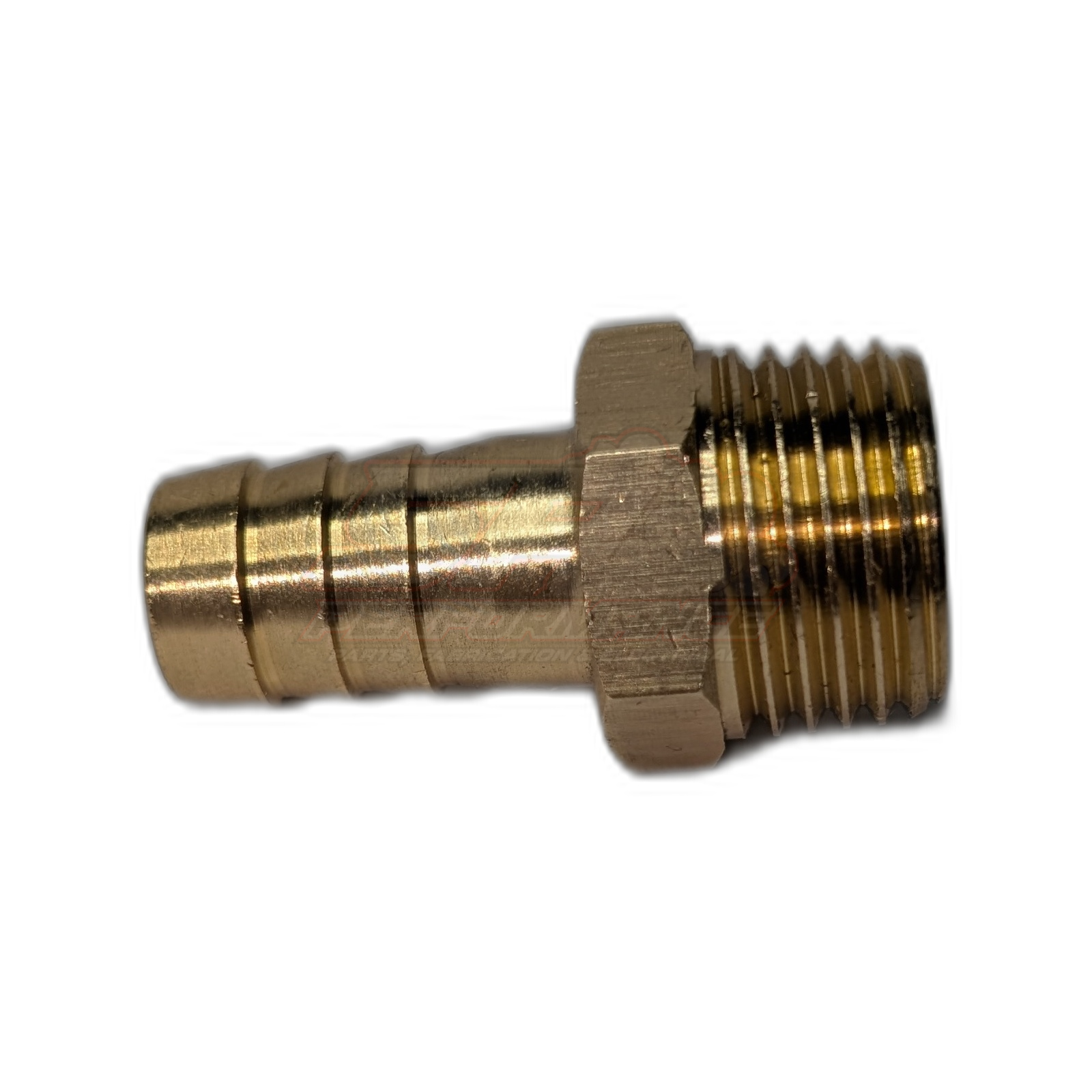 Side angle view of 1/2 inch male NPT to 12.7mm barb brass fitting showing threaded end and ribbed barb tail in gold brass finish