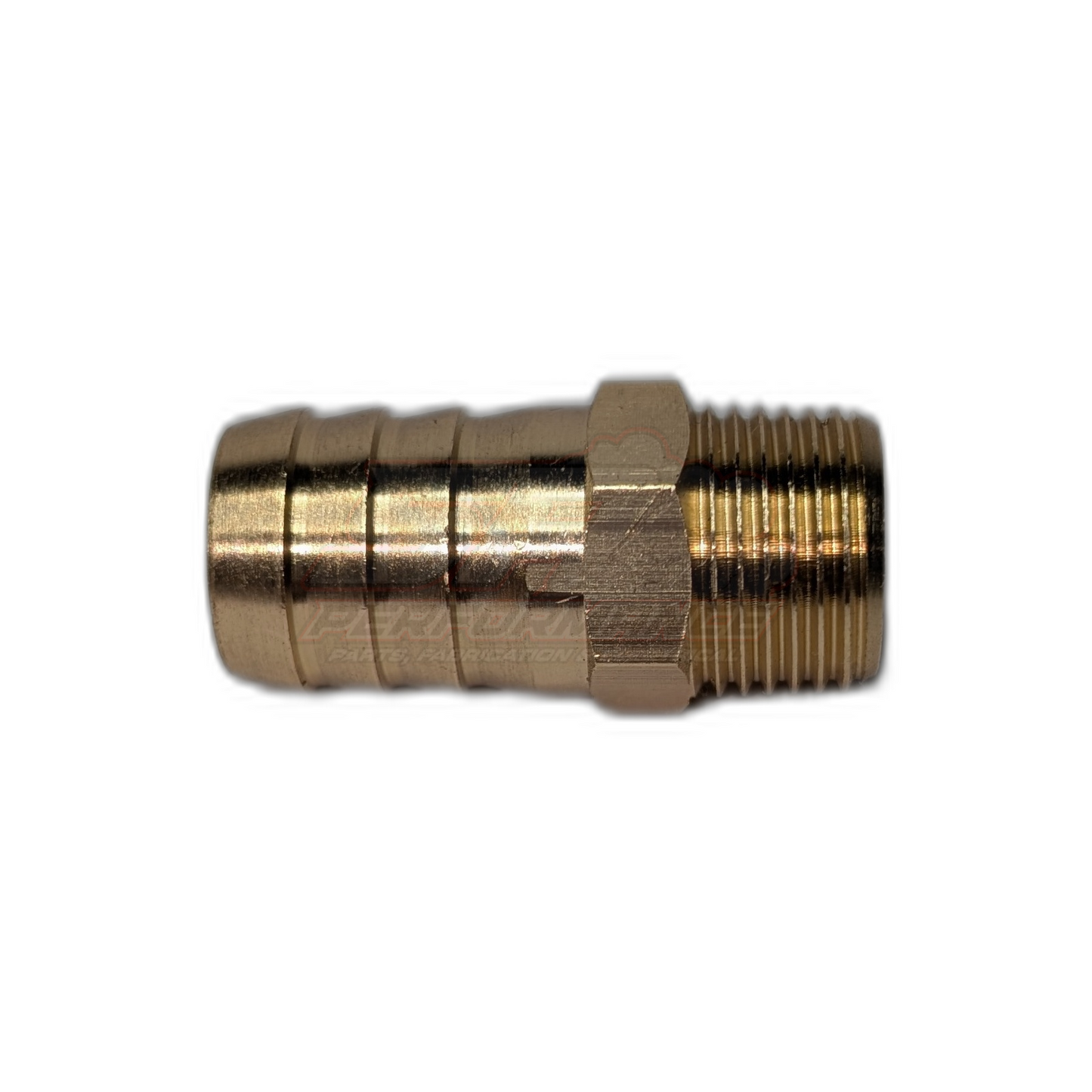 Side profile view of 3/8" male NPT to 16mm 5/8" barb brass fitting showing hex body, threaded end and ribbed barb tail