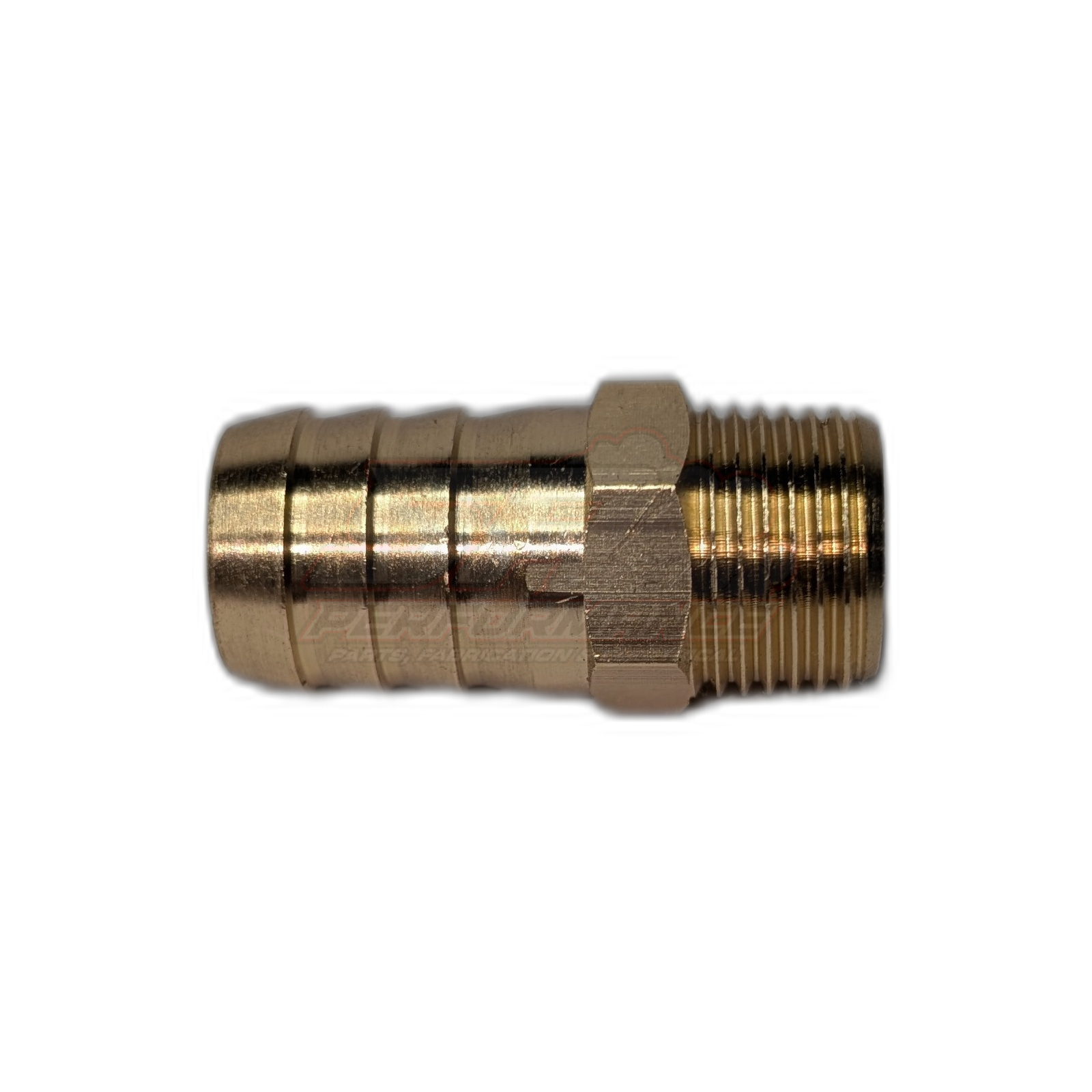 Side profile view of 3/8" male NPT to 16mm 5/8" barb brass fitting showing hex body, threaded end and ribbed barb tail