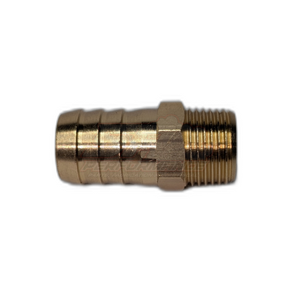 Side profile view of 3/8" male NPT to 16mm 5/8" barb brass fitting showing hex body, threaded end and ribbed barb tail